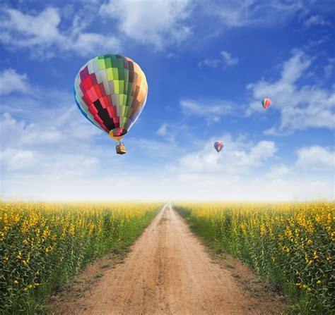 Premium Photo Hot Air Balloon Over Yellow Flower Fields