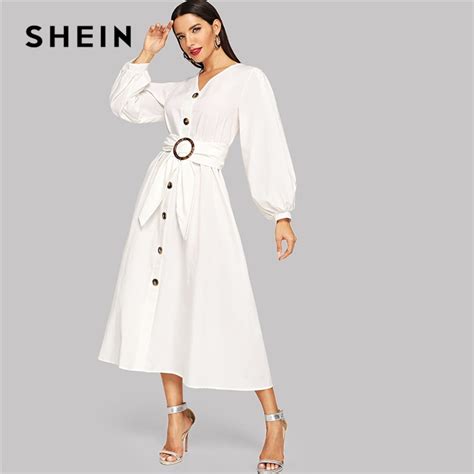 Shein White Bishop Sleeve Button Up Self Belted Dress Elegant Fit And