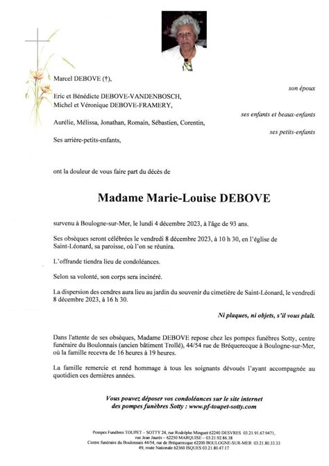 Madame Marie Louise DEBOVE Pompes Funèbres Toupet Sotty