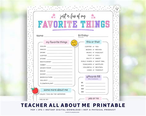 Teacher Favorite Things Form Pta Teacher Thank You Get To Know