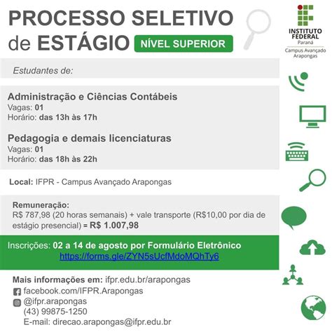 IFPR Campus Avançado Arapongas abre inscrições para estágio remunerado