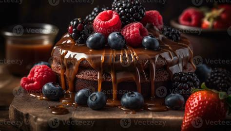 Indulgent Homemade Chocolate Berry Cheesecake On Rustic Wood Table