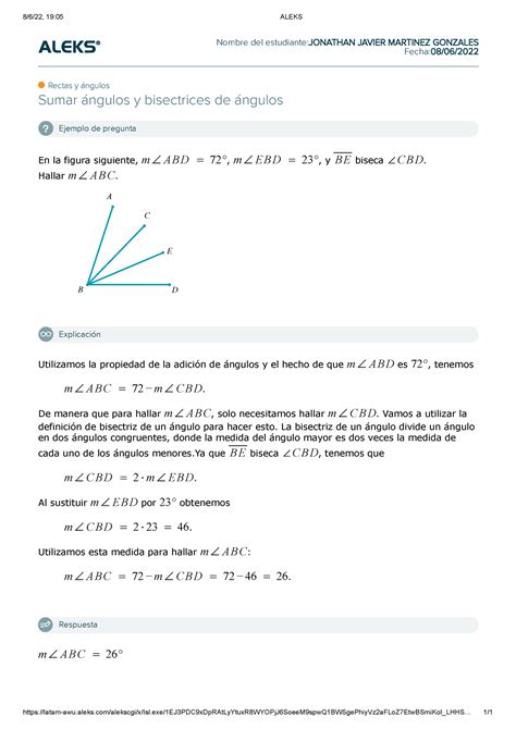Sumar ángulos y bisectrices de ángulos Aleks 8 6 22 19 05 ALEKS