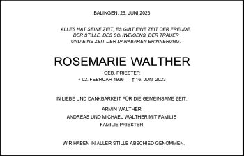 Traueranzeigen von Rosemarie Walther Schwarzwälder Bote Trauer