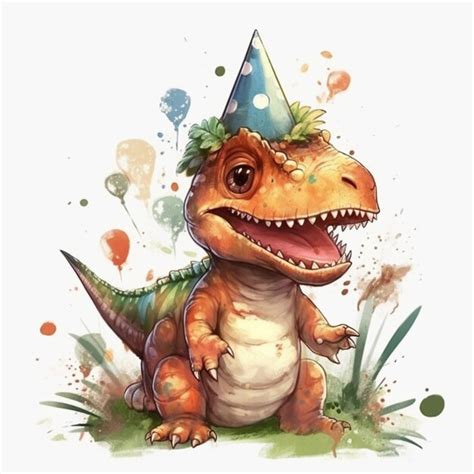 A Close Up Of A Dinosaur Wearing A Party Hat Generative Ai Premium AI