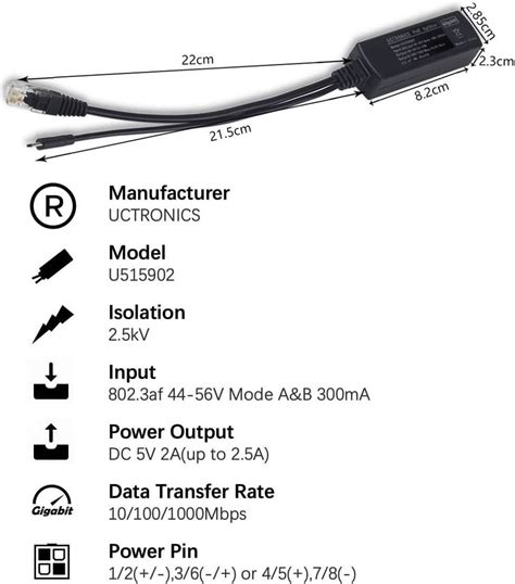 Uctronics V Gigabit Poe Splitter Micro Usb Power And Ethernet To Ra