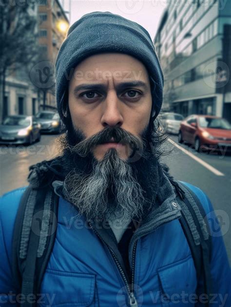 Portrait Of Sullen Angry Man With Fuzzy Hipster Beard Dressed Casually