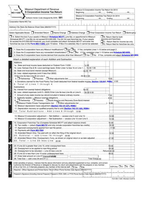 Fillable Form Mo S S Corporation Income Tax Return Printable Pdf