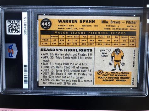 Topps Set Break Warren Spahn Psa Nm Milwaukee Braves Ebay