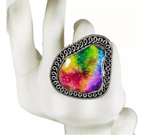 Ripley ANILLO PLATA INDIA CUARZO SOLAR GEODA ARCOIRIS 100 NATURAL