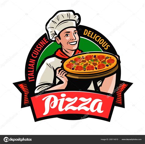 Happy Chef Pizza Hand Pizzeria Logo Label Cartoon Vector Stock Vector