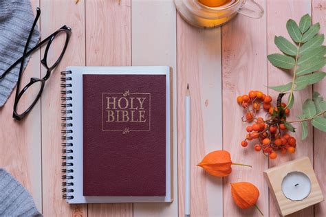 Holy Bible And Autumn Cozy Top View On Wooden Background Bible Study