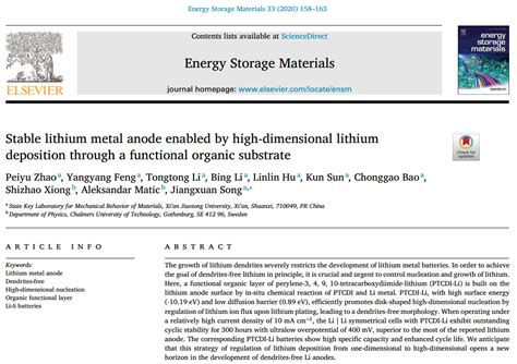 课题组博士生赵培钰锂金属负极工作在国际顶级期刊energy Storage Materials上发表！ 材料物理化学系宋江选课题组