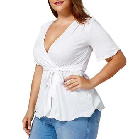 Women Fashion Summer Blosue Plus Size 5xl V Neck Belted Empire Waisted