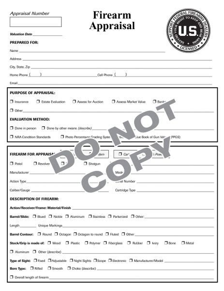 Firearms Appraisal Pad Sheets Heavy Stock Double Sided Rk