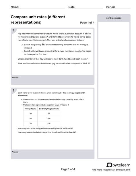 Compare Unit Rates Different Representations Worksheets Pdf 7rpa