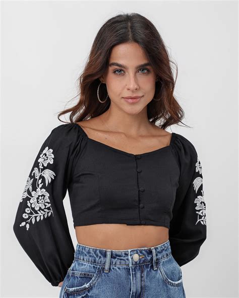 Riachuelo Blusa Cropped Bordada Manga Preta Pool By Riachuelo