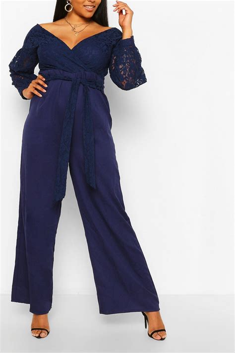 Plus Lace Off The Shoulder Wide Leg Jumpsuit Boohoo In 2021 Occasion Jumpsuits Wide Leg