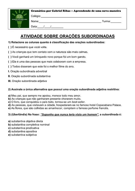 Atividade Sobre Ora Es Subordinadas Adverbiais Ano Gabarito