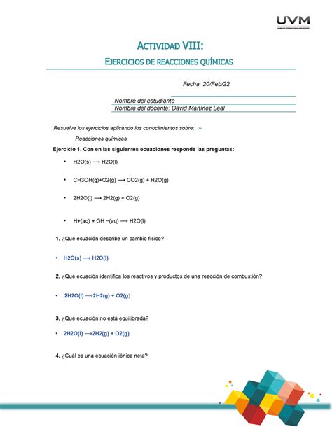 Actividad 8 ACTIVIDAD VIII EJERCICIOS DE REACCIONES QUÍMICAS Fecha