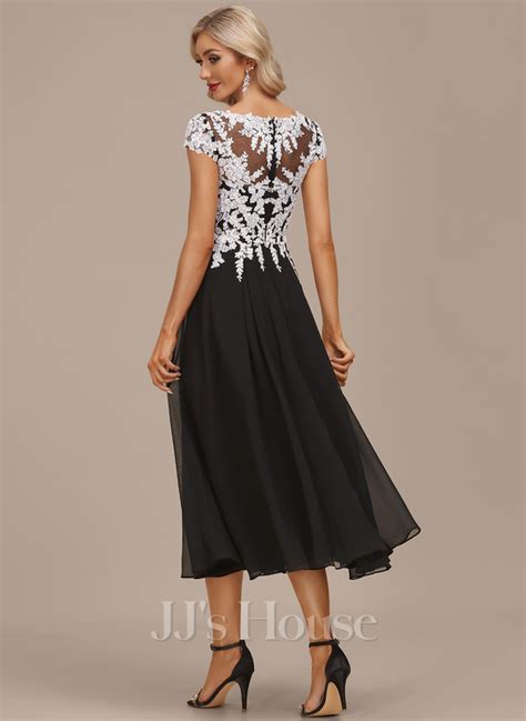 A Line V Neck Tea Length Chiffon Lace Evening Dress Jj S