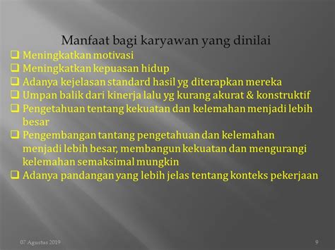 07 Agustus Karyawan Pembahasan PENILAIAN KINERJA 1 Pengertian 2 Tujuan