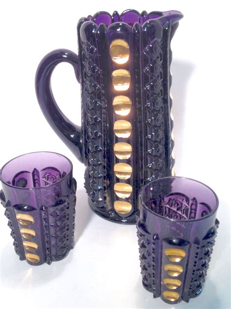 Vintage Purple Amethyst And Gold Early 1900s Antique Glass Pitcher Set