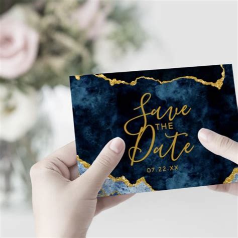 Navy Blue Gold Foil Agate Wedding Invitations Zazzle