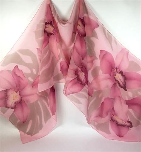 Beautiful Silk Scarf Hand Painted Pink Orchids With Burgundy Etsy