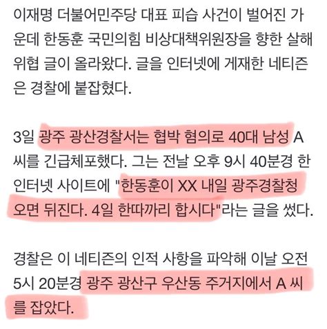 한동훈 살해‘ 글 올린 40대 광주서 검거 ㄷㄷㄷㄷㄷㄷㄷ 일베 일간베스트 일베저장소