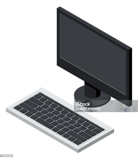 Monitor Komputer Desktop Dan Ikon Isometrik Keyboard Ilustrasi Stok