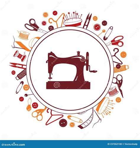 Sewing Machine And Tools Hand Drawn Elements Vector Round Frame For