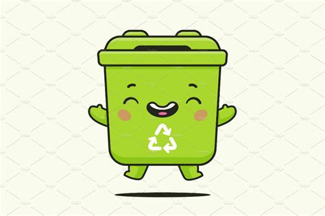 Recycle Bin Mascot Cute Kawaii Cartoon Character Vector Illustration