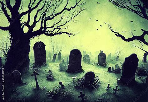 spooky Halloween night at graveyard , digital art background Stock Illustration | Adobe Stock