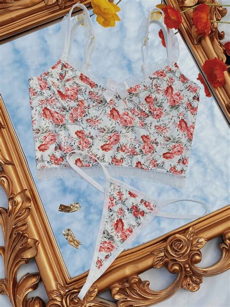 ROMWE Floral Print Contrast Mesh Bow Decor Lingerie Set SHEIN USA