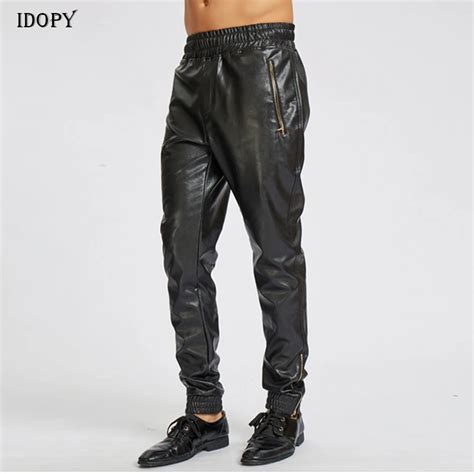 Idopy Men S Faux Leather Joggers Harem Pants Elastic Waist Drawstring