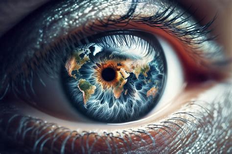 Closeup Of Eye With A World Map Planet Earth Reflected In The Iris