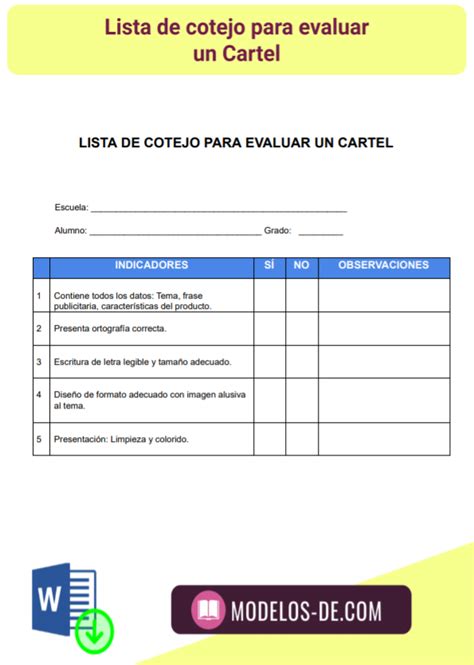 Ejemplos Y Modelos De Listas De Cotejo Descarga Gratis