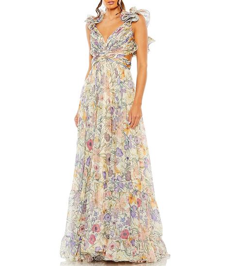 Mac Duggal Floral Print Ruffled V Neck Sleeveless Tiered Cut Out Gown