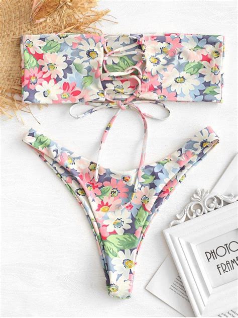 25 OFF 2021 Flower Lace Up Bralette Bikini Set In MULTI ZAFUL