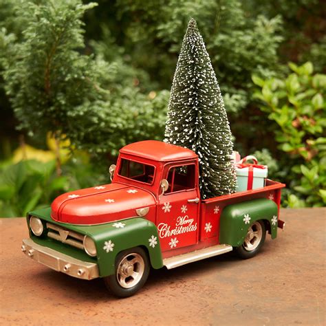 Red, White and Green Iron Pickup Truck with Christmas Tree and Gifts