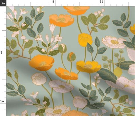 Botanical Cloisonne Garden Duck Egg Fabric Spoonflower