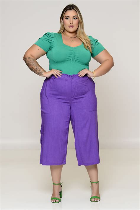 Cal A Plus Size Pantacourt Em Viscolinho Vk Moda Plus Size