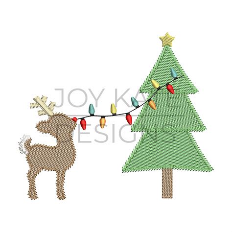 Reindeer Decorating Christmas Tree Sketch Embroidery Design - Joy Kate ...