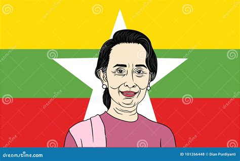 Aung San Suu Kyi, President of Myanmar with Flag Background. Editorial ...