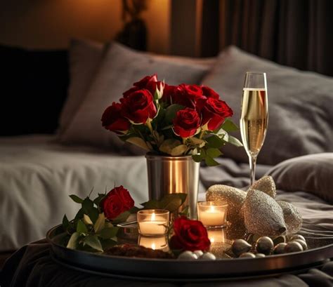 Premium Photo | Roses champagne and candles decorate a bed in a room