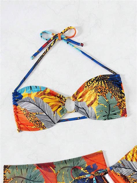 Piece Tropical Plant Leopard Print Halter Neck Bikini Swimwear Set With Bottoms SHEIN USA