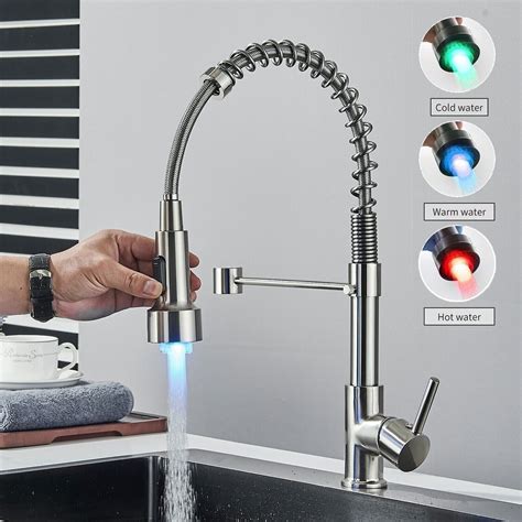 Liffssdg Led Kitchen Faucet With Pull Down Sprayer Single Handle Spring High Arc Commercial