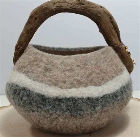 Felted Vessel With Driftwood Handle Beads Hemp Cord Wool Felt