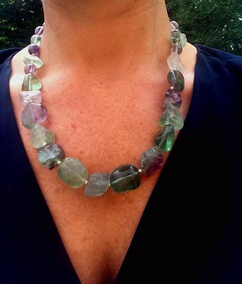 Chunky Raw Fluorite Beaded Necklace Sterling Silver Healing Crystal